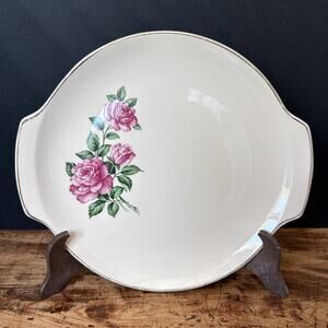 Vintage Ballerina‎ Rose Pattern - 12” Round Cake Plate w Gold Rim And Handles